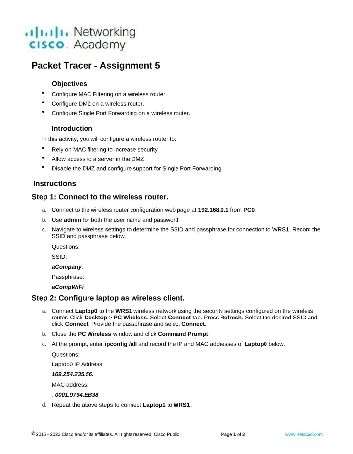 Assignment 5 - Packet Tracer