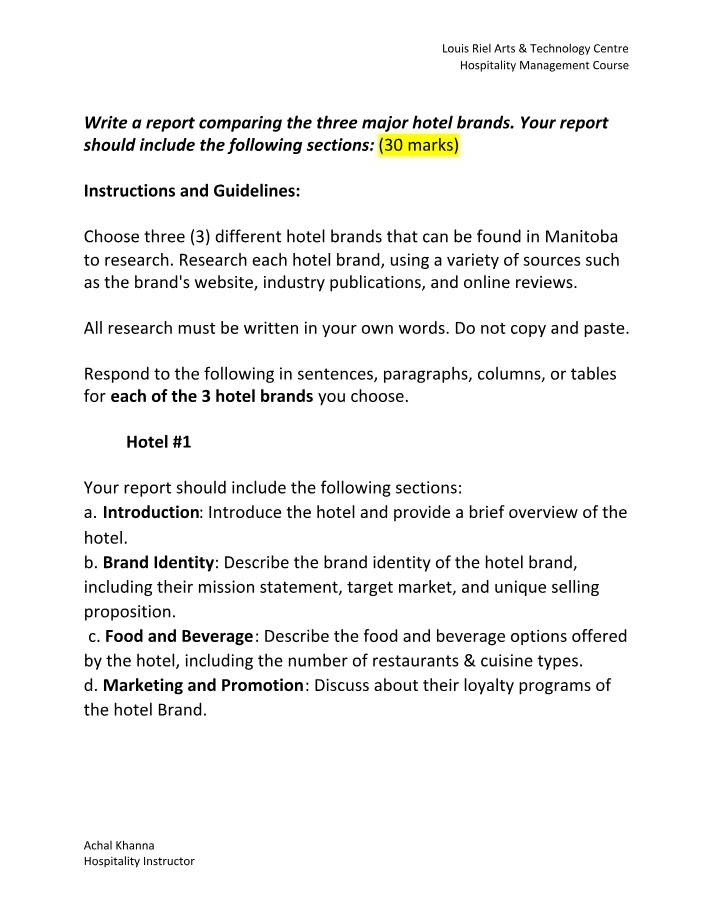 Hospitality Management - Comparing Three Major Hotel Brands