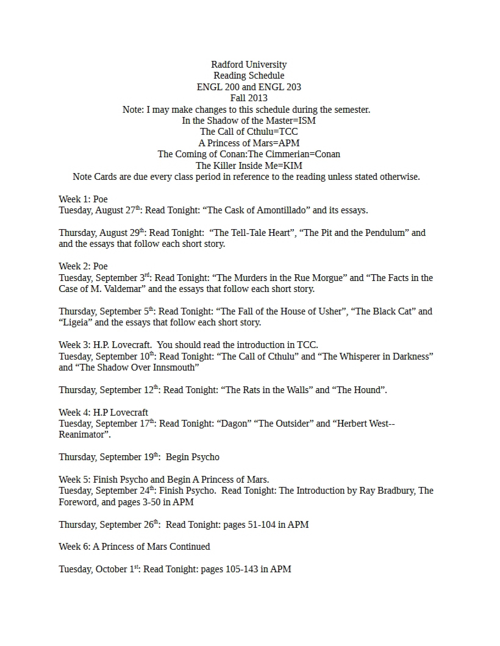 Assignment Schedule ENGL 200 and 203