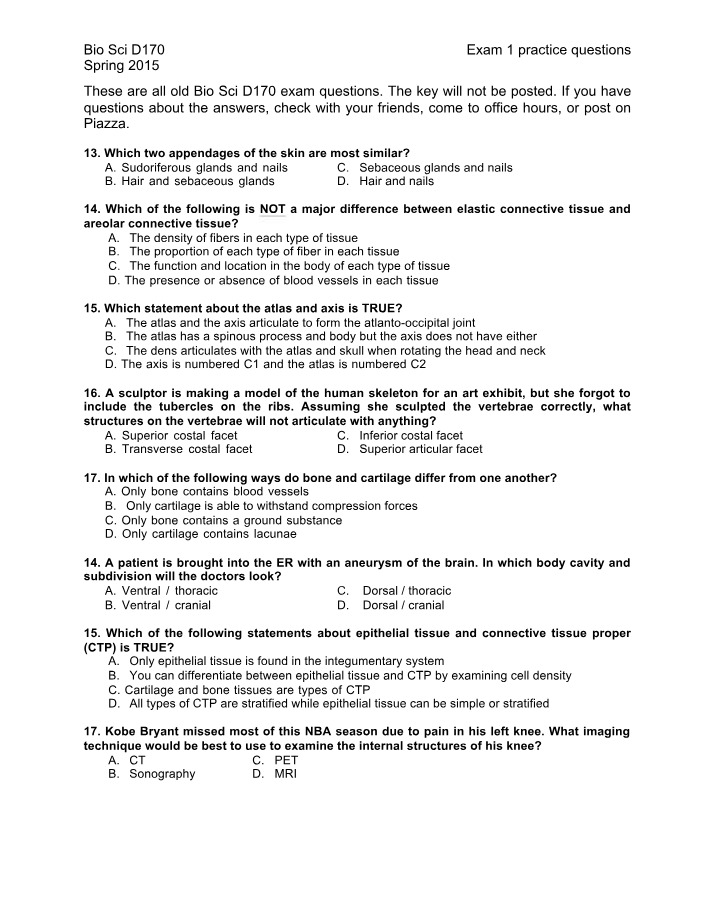 Exam 1 Practice Questions - Skin Appendages