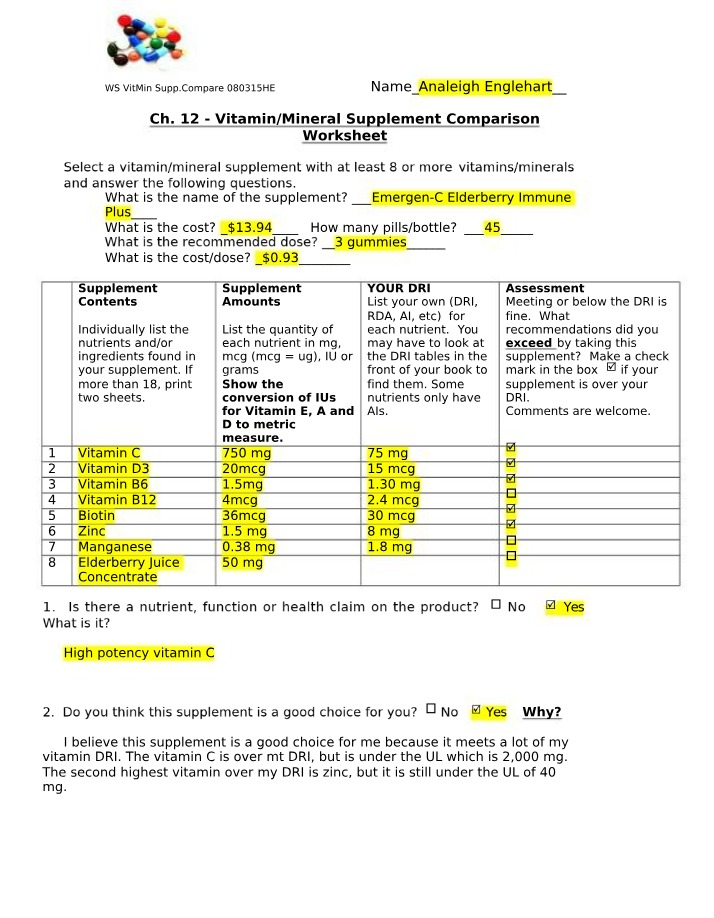 Worksheet - Vitamin and Mineral Supplement Comparison