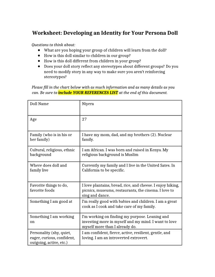 Worksheet for Persona Dolls