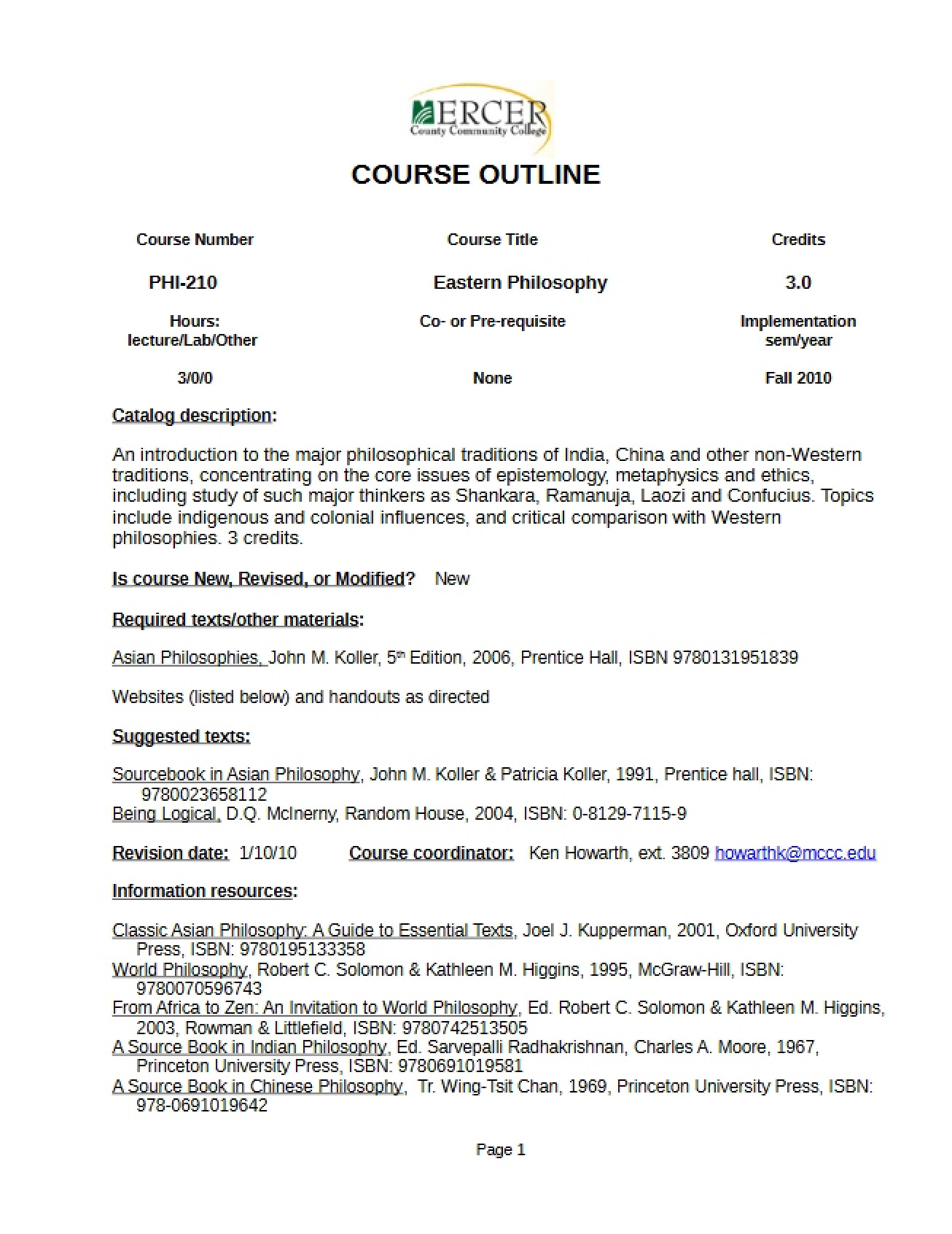 Course Outline for Eastern Philosophy