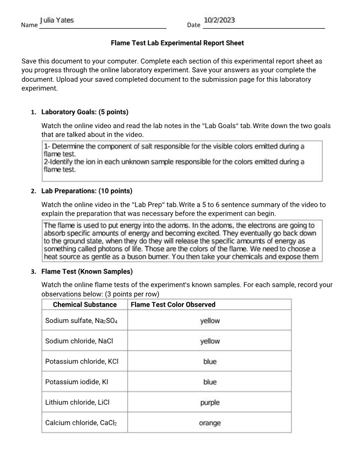 Flame Test Lab Report Sheet
