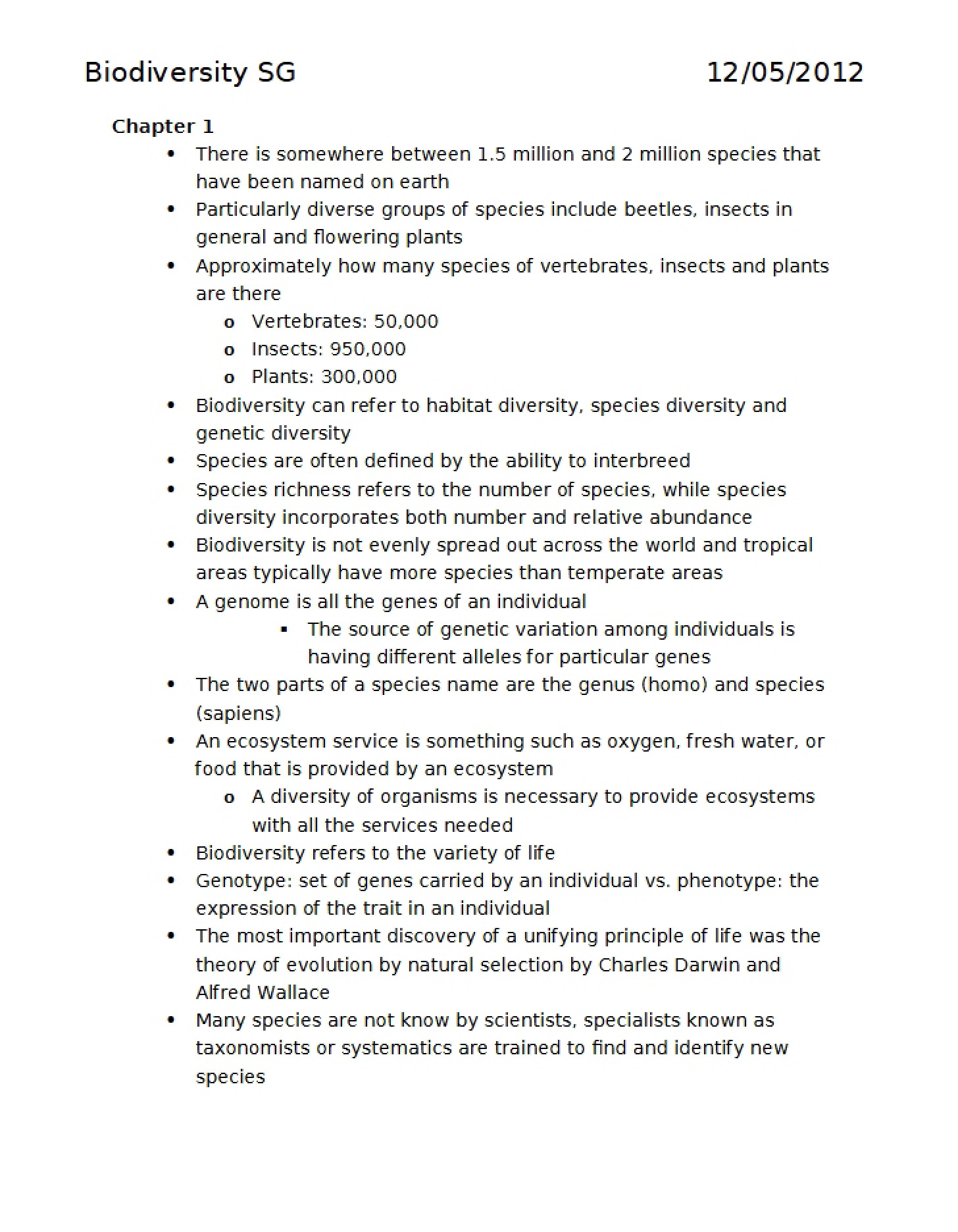Study Framework for Biodiversity