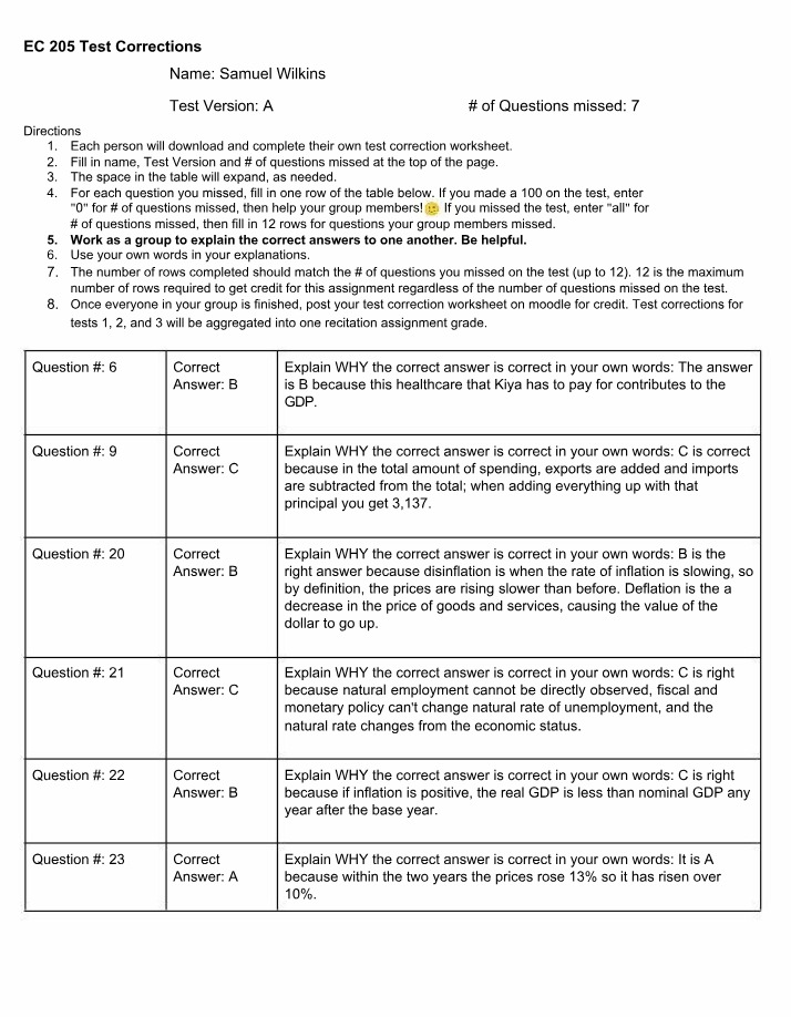 Worksheet for Test Corrections