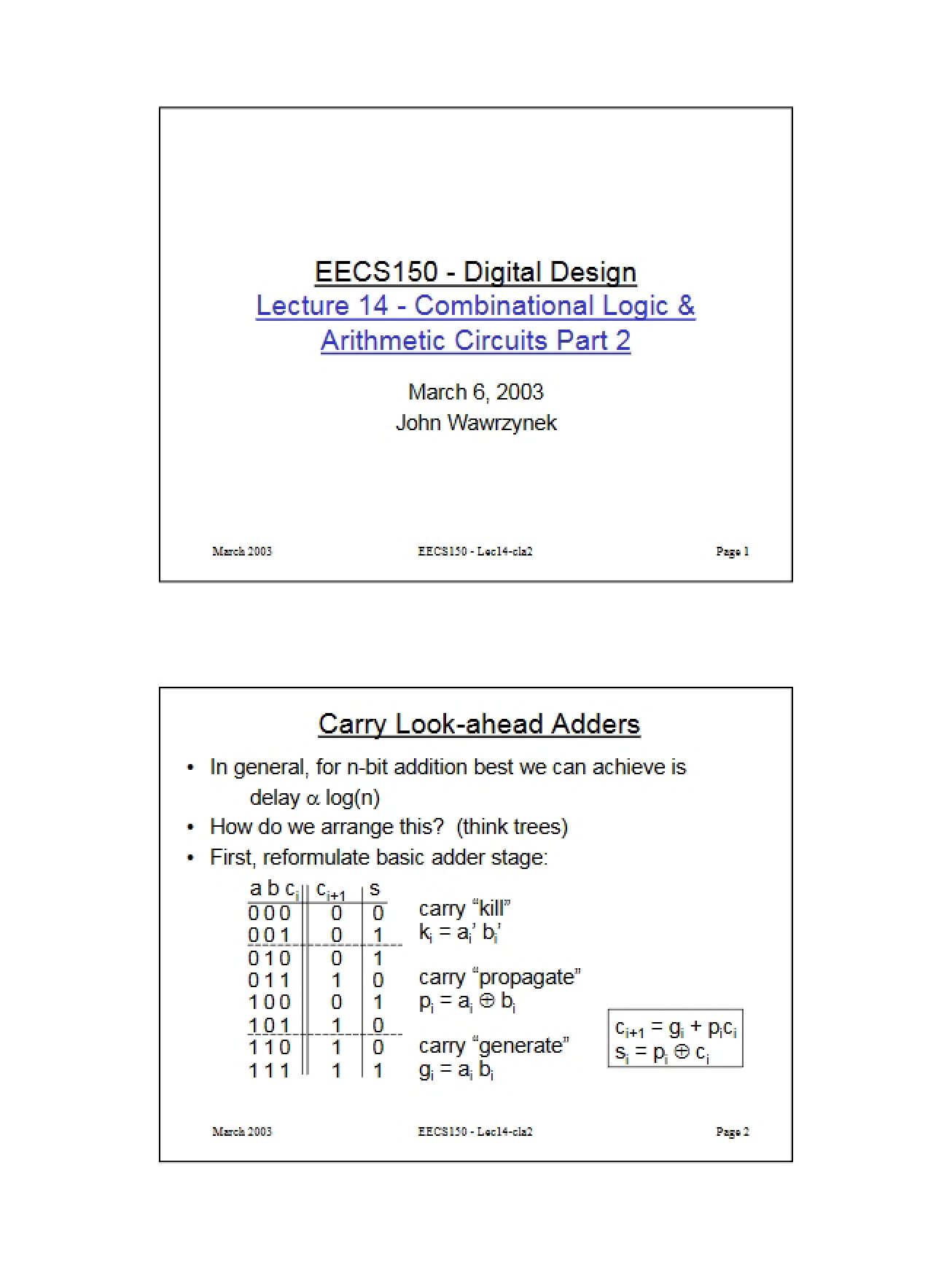 Combinational Logic and Arithmetic Circuits II