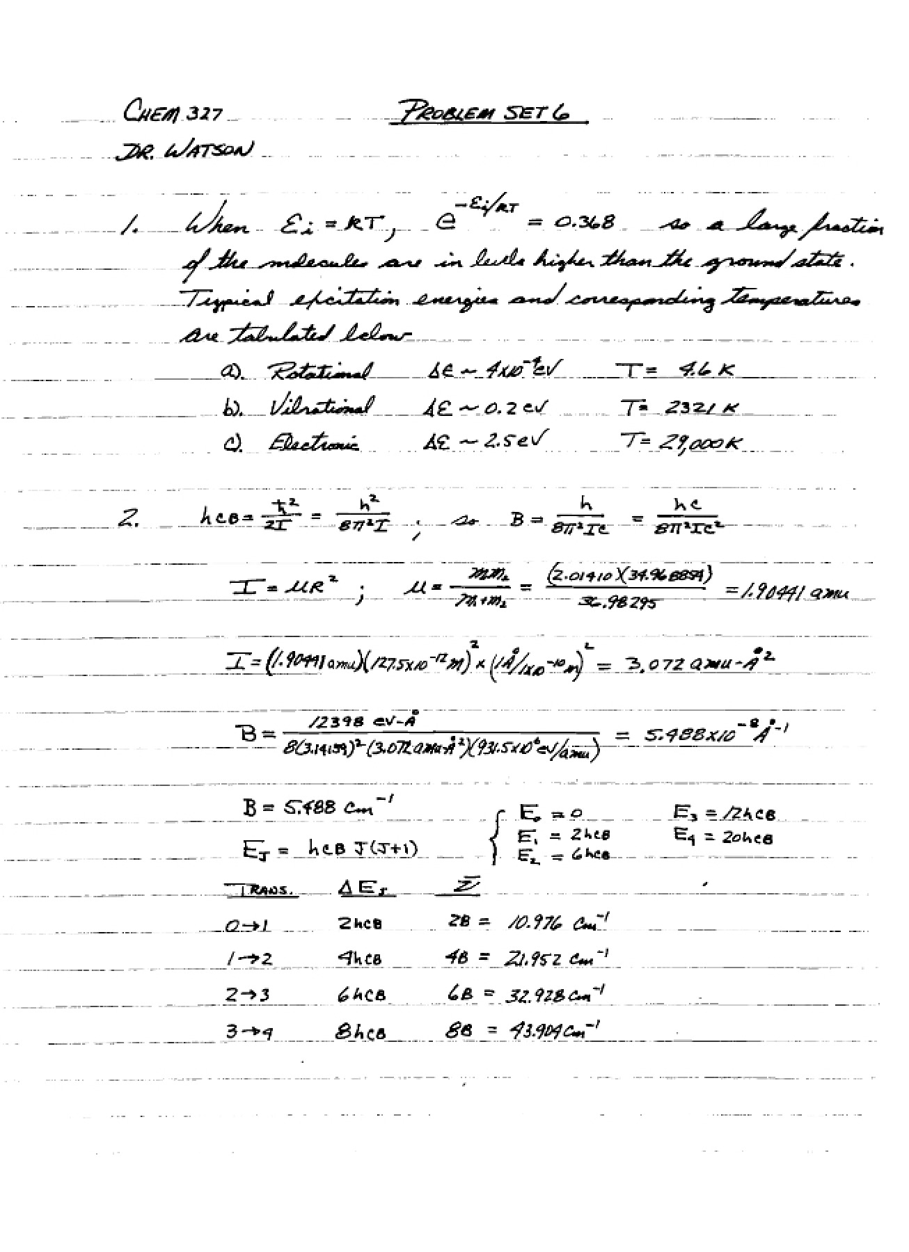 Sixth Problem Set for Physical Chemistry I