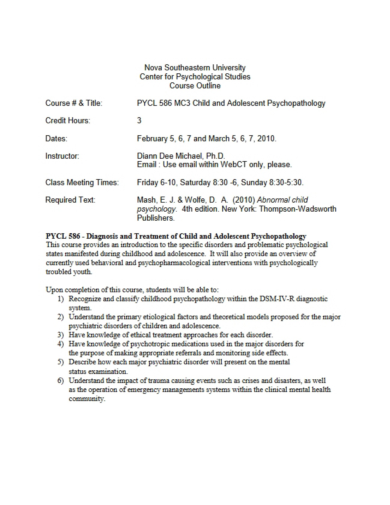 Syllabus for Child Psychopathology Diagnosis