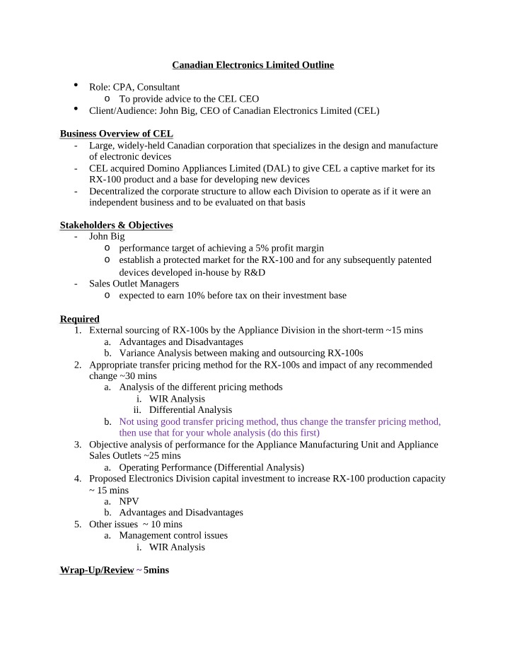 Outline for Canadian Electronics Limited