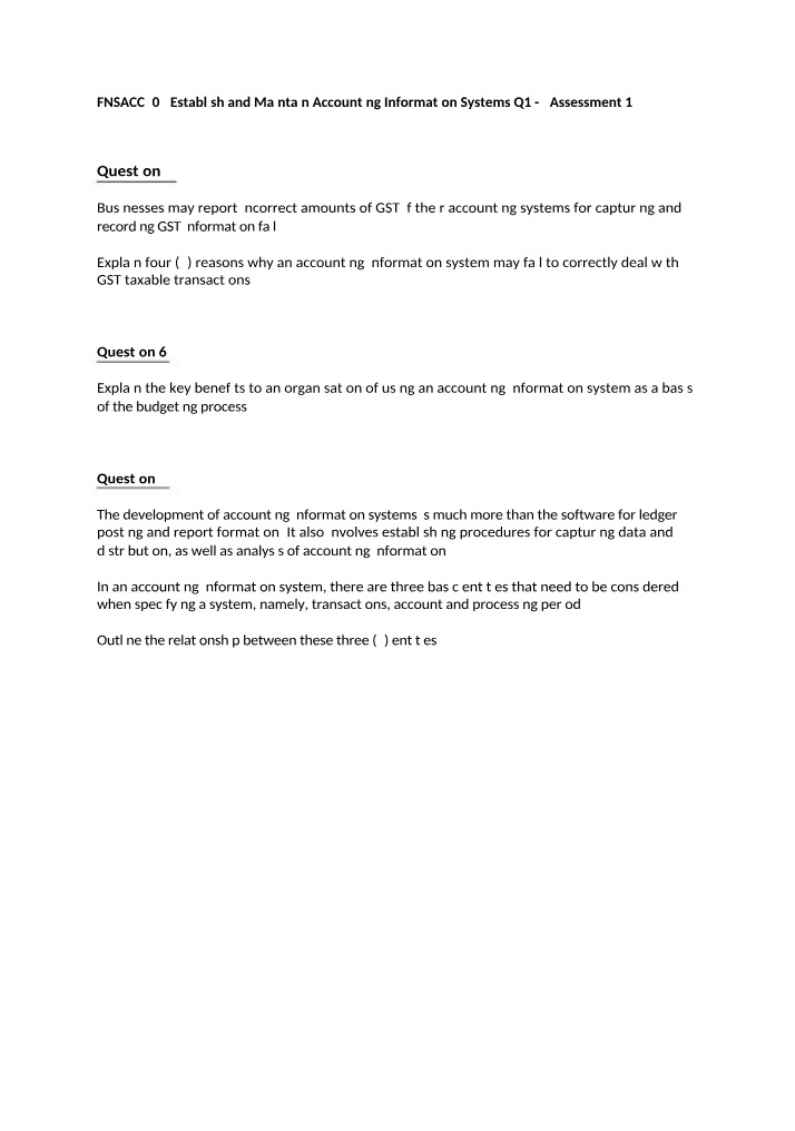 FNSACC505 Establish and Maintain Accounting Information Systems Assessment 1 Part A
