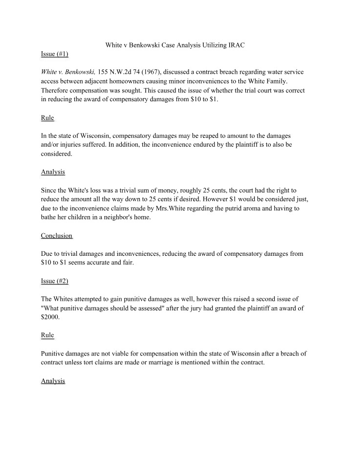 White v Benkowski Case Analysis Summary
