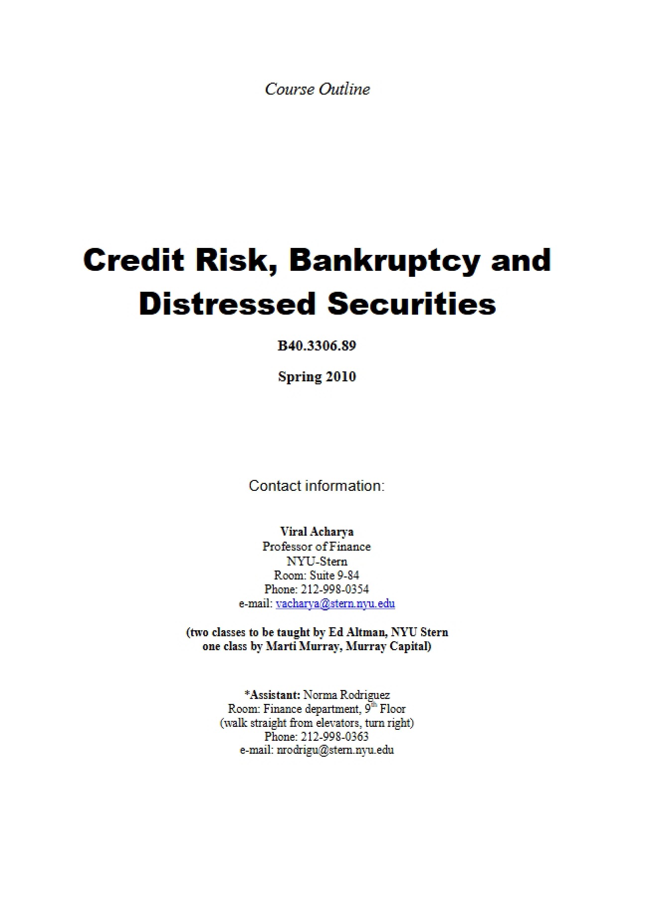 Distressed Securities Bankruptcy Credit Risk