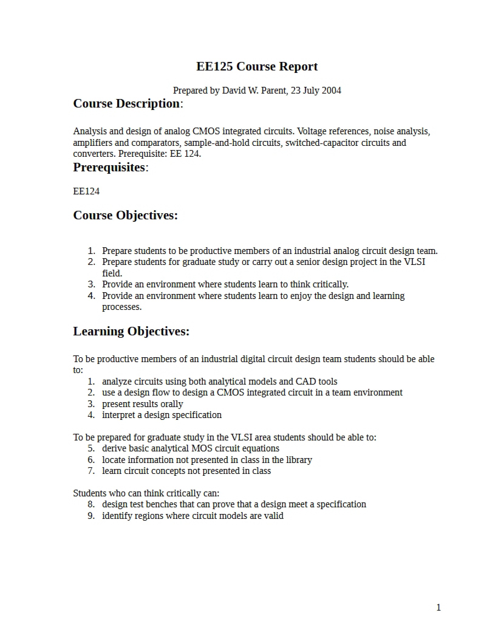 Course Outline Analog CMOS Integrated Circuits