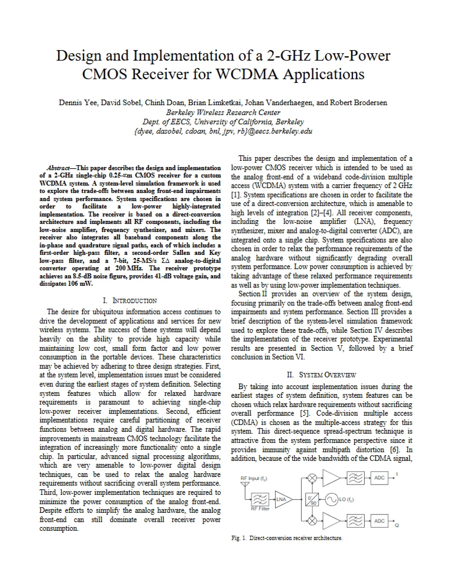 WCDMA Applications Design of 2-GHz Low-Power CMOS Receiver