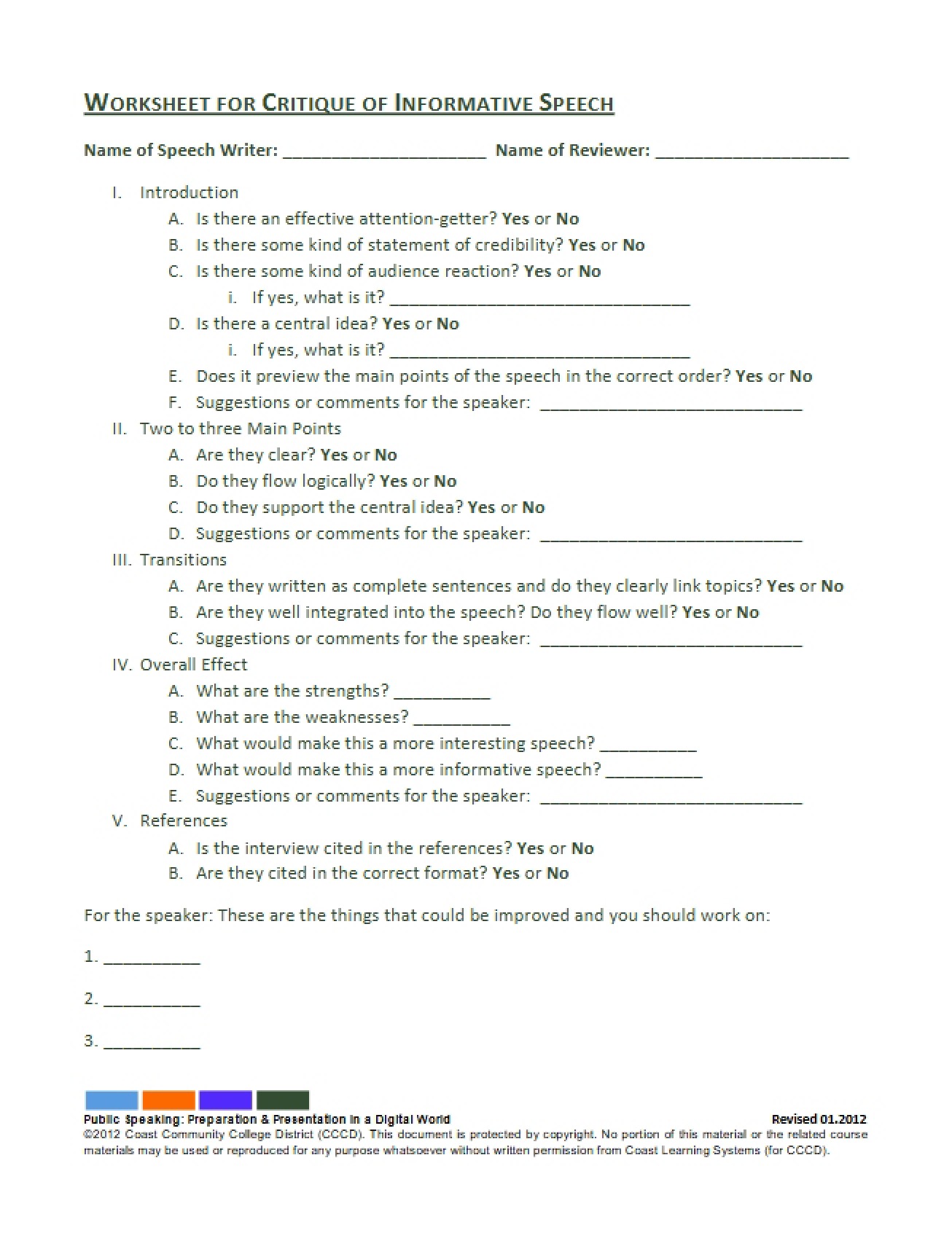 Worksheet for Critiquing an Informative Speech