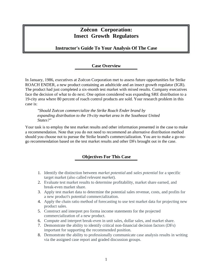 Zoëcon Corporation Case Analysis - Instructor's Guide