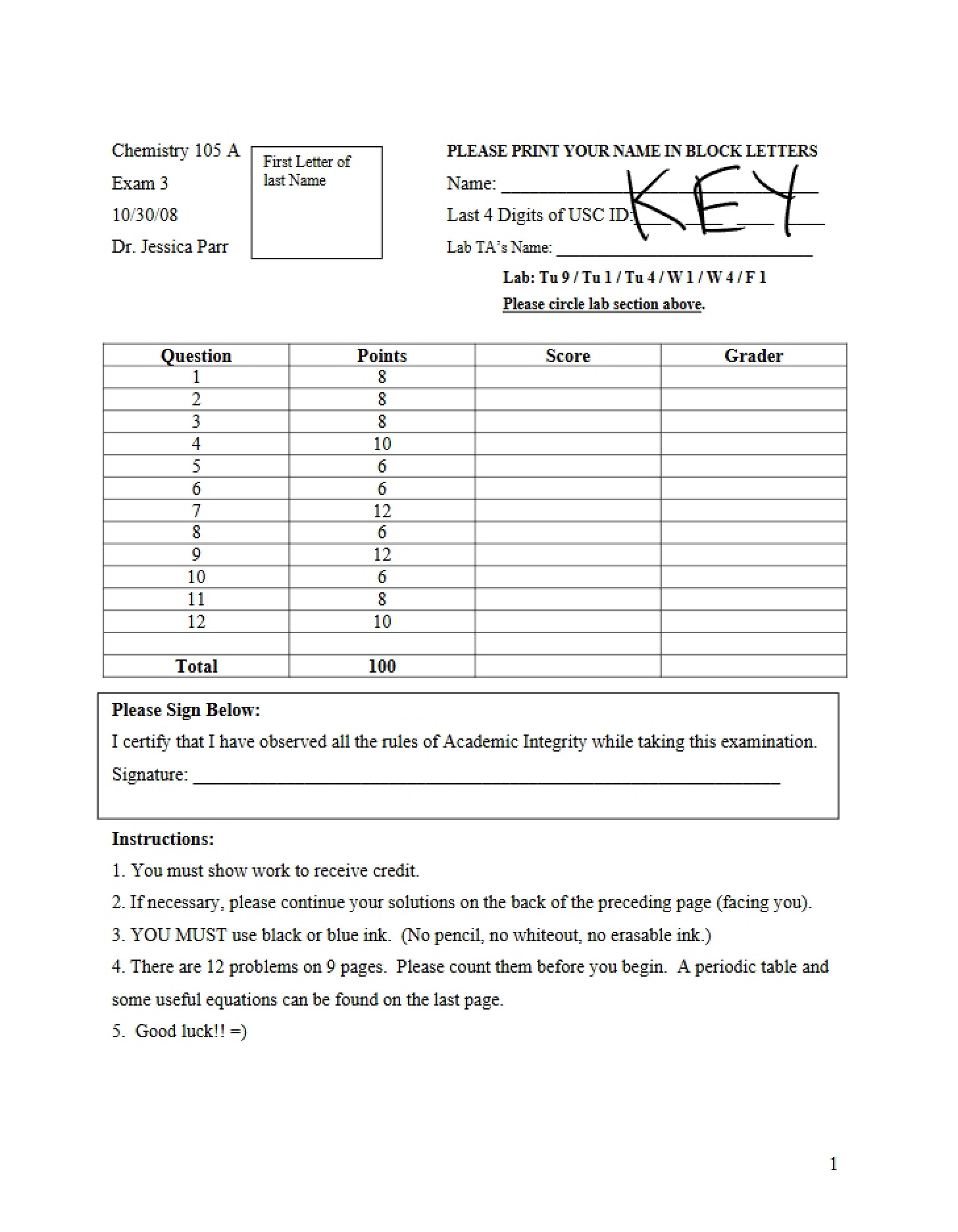 Solutions for Exam 3