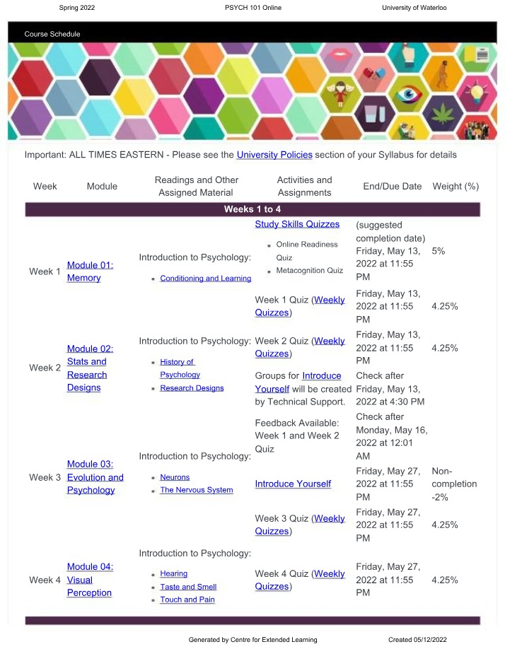 Online Course Schedule for PSYCH 101