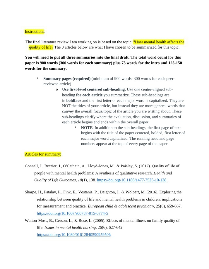 Mental Health and Quality of Life - A Literature Review