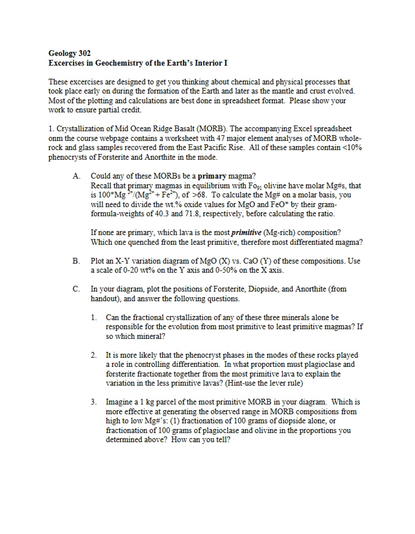 Earth's Interior Geochemistry Exercises (Part I)