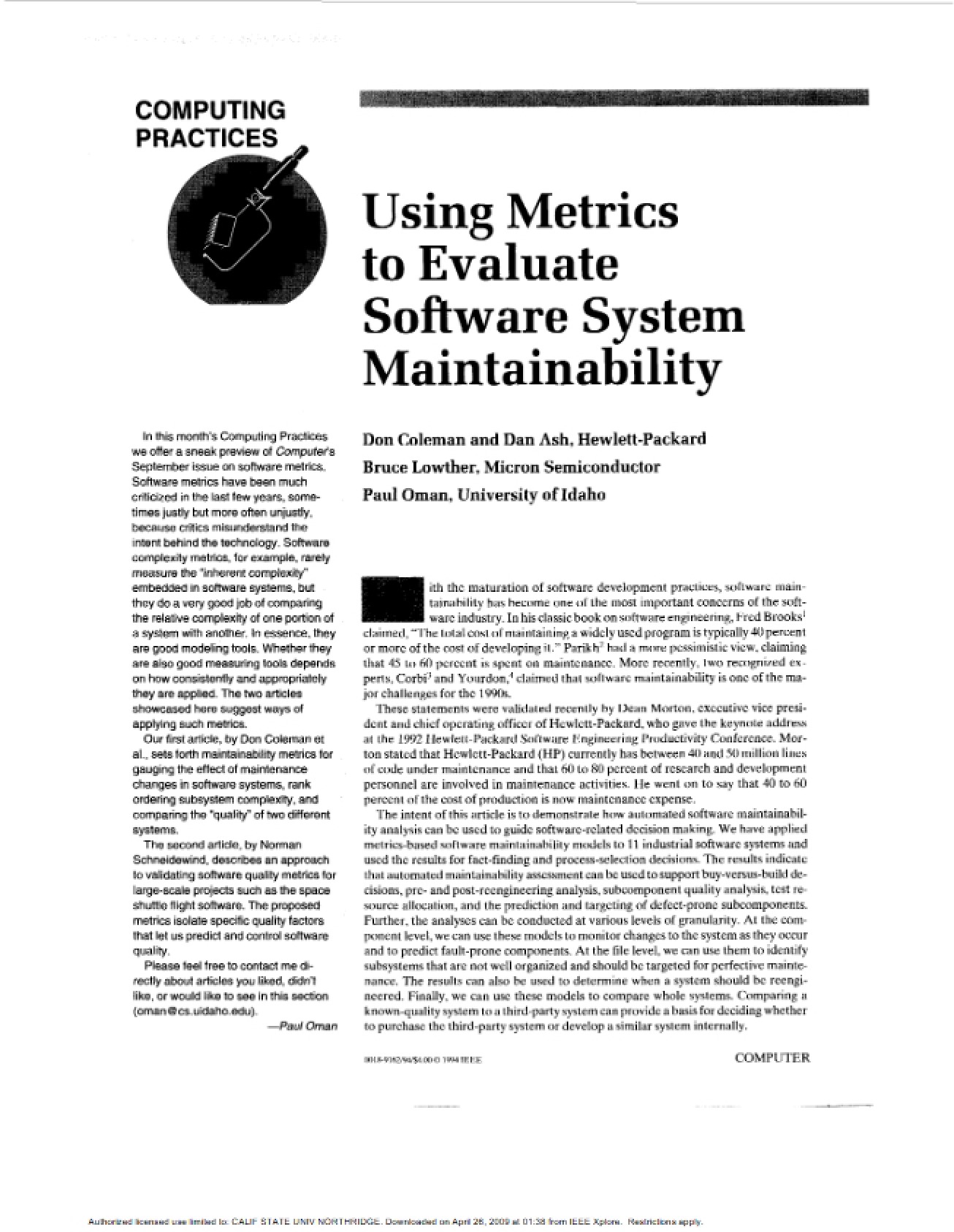 Evaluating Software Maintainability via Metrics