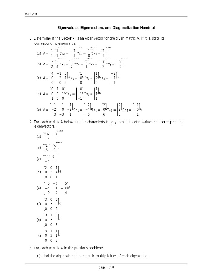 Handout - Eigenvalues, Eigenvectors, and Diagonalization