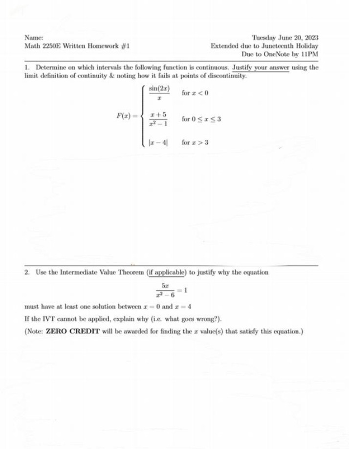 MATH 1113 Written Homework 1