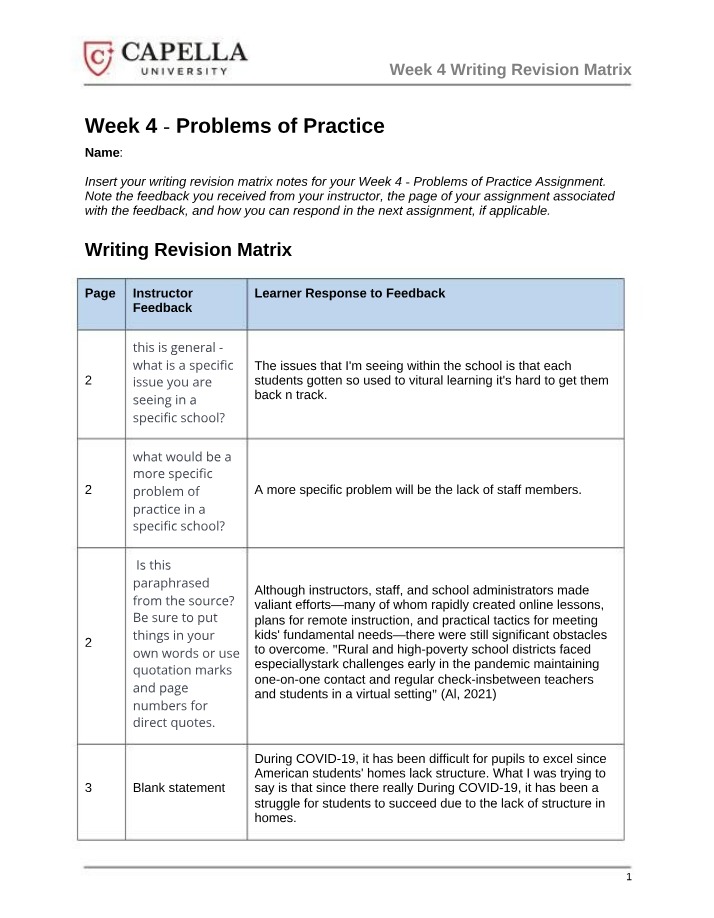 Writing Feedback Matrix for Week 4