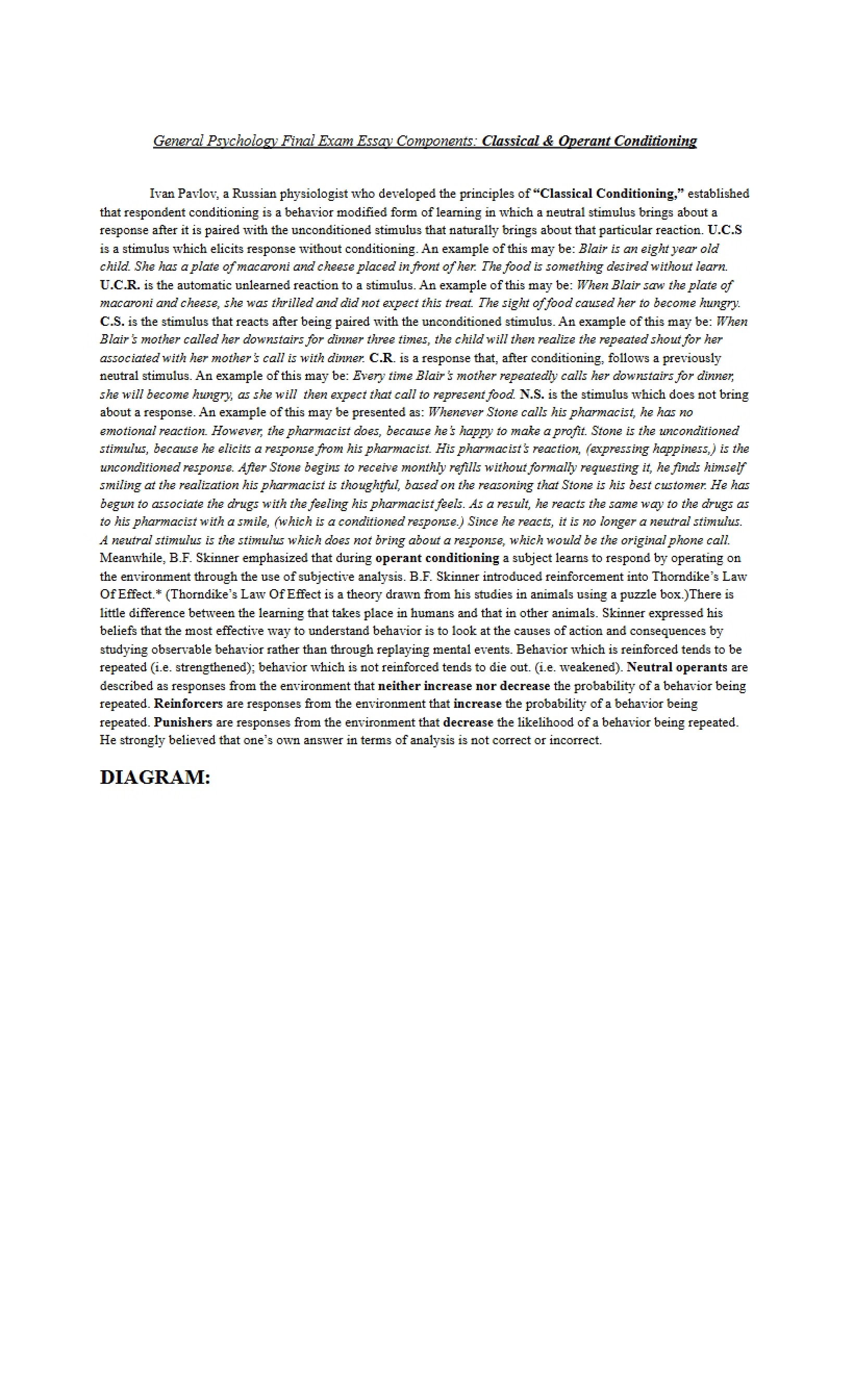 Classical and Operant Conditioning Final Exam Essay