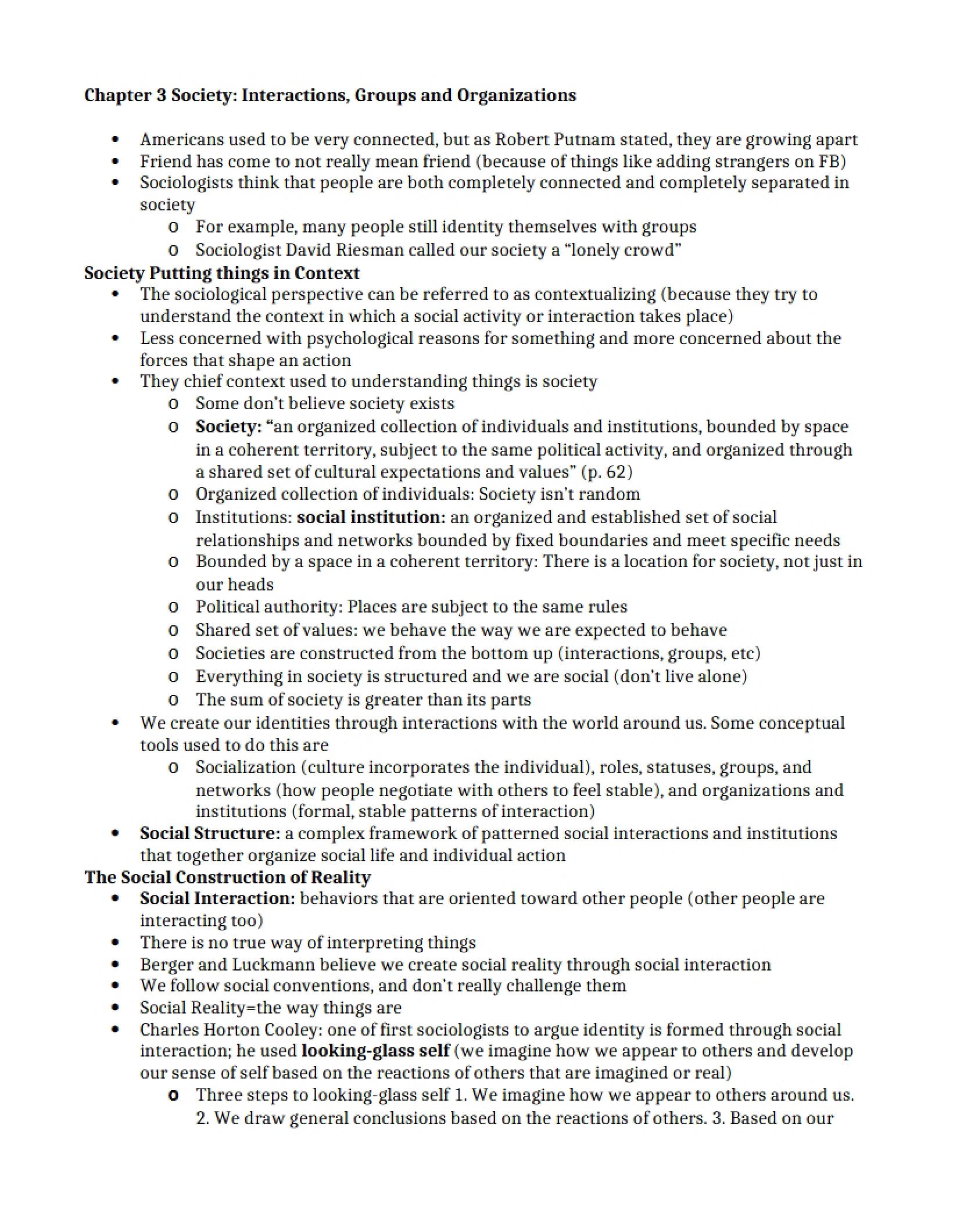 Interactions, Groups, and Organizations (Society Ch 3)