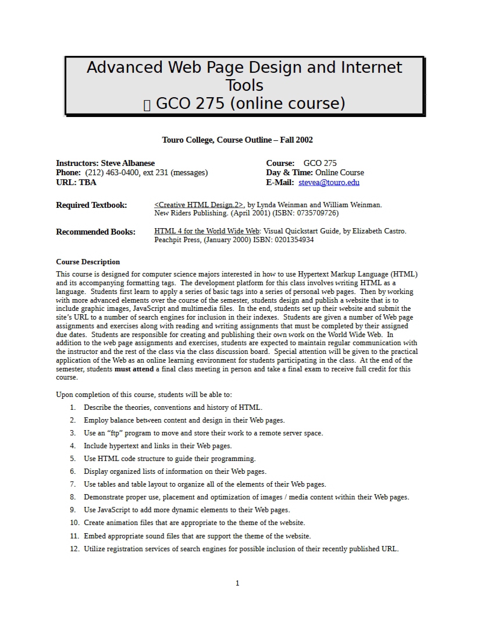 Advanced Web Page Design Tools Syllabus