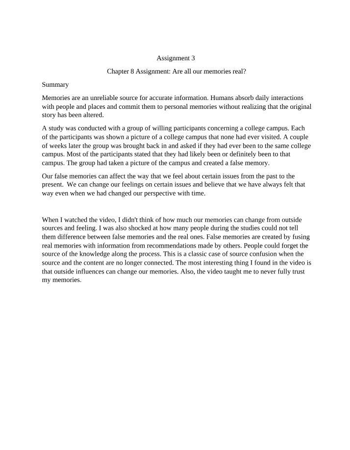 Chapter 8 Assignment - Are All Our Memories Real