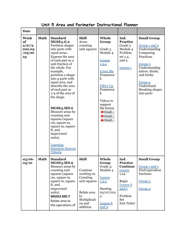 Instructional Planner for Unit 5 Area and Perimeter