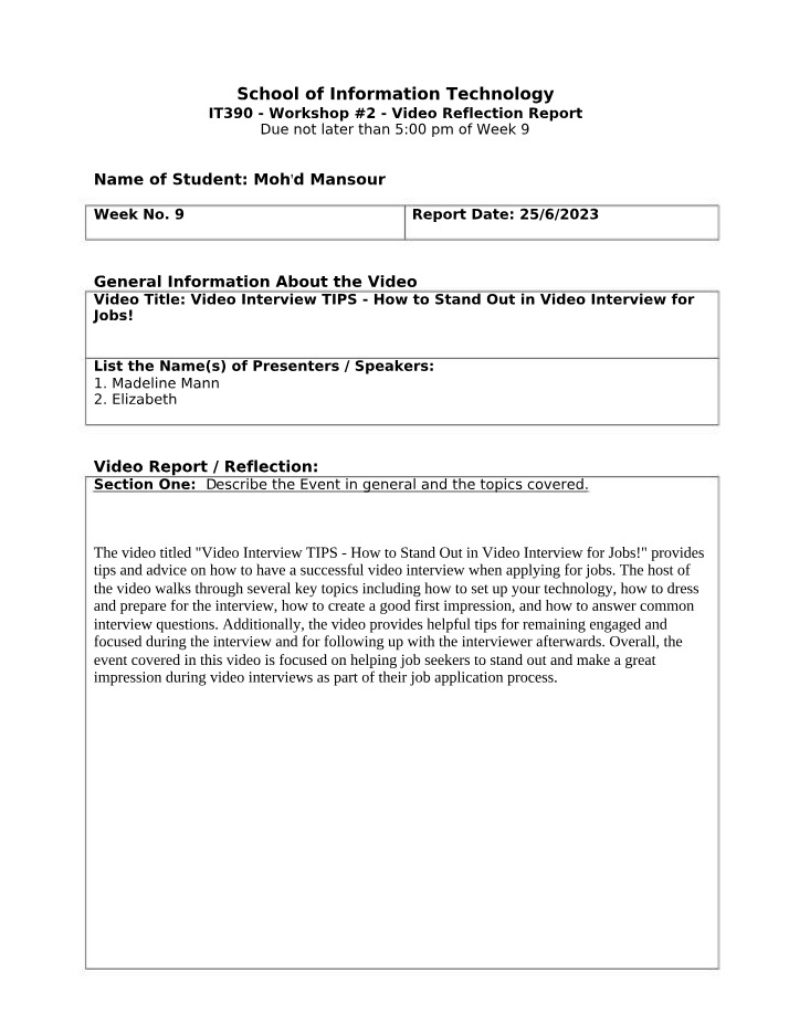 Report on Video Reflection