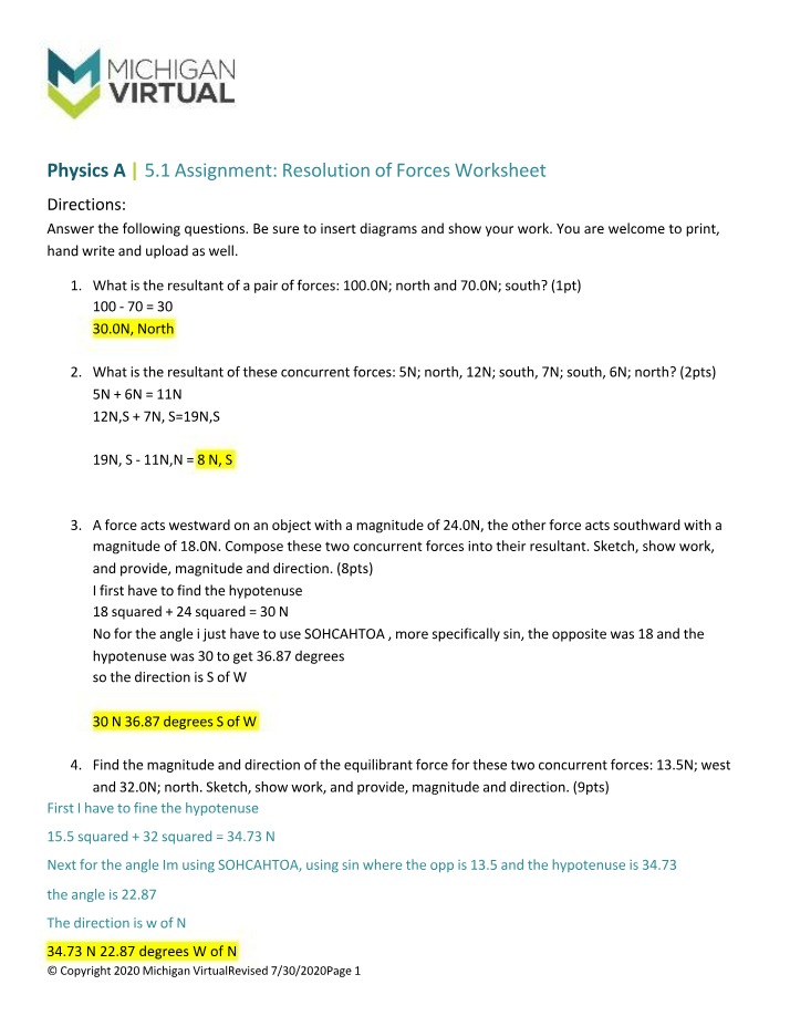 Worksheet on Resolution of Forces