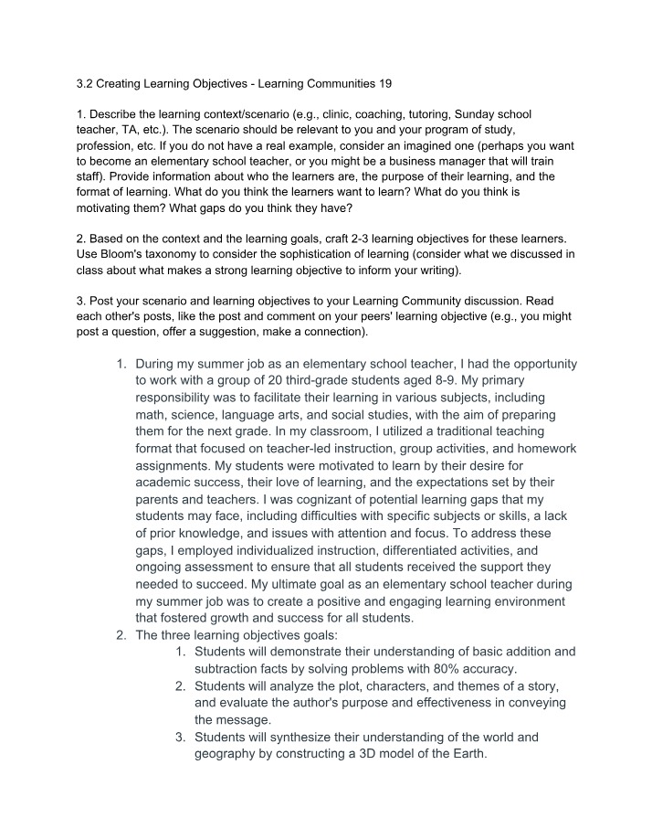 Crafting Learning Objectives for Elementary School