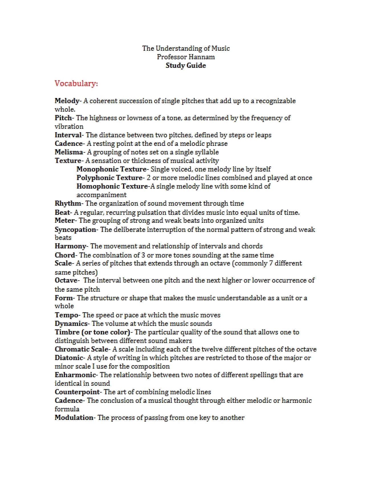 Review Guide for Understanding Music