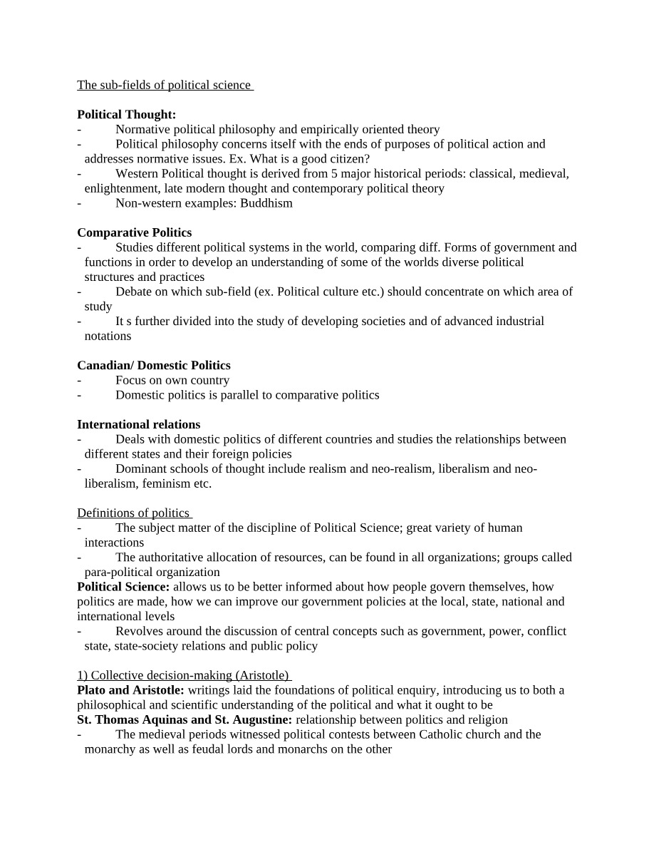 Concepts and Sub-fields of Political Science