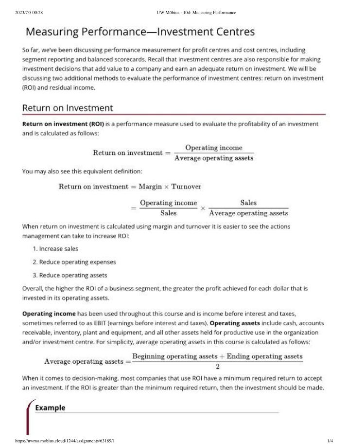 Performance Measurement of Investment Centres