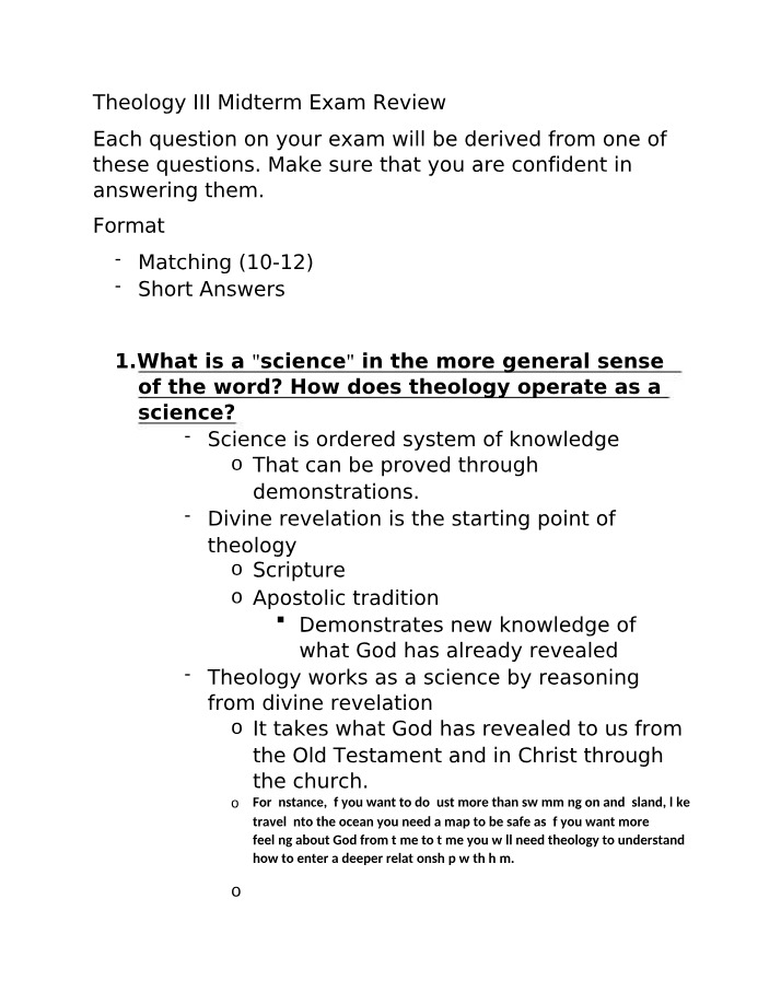 Theology III Midterm Exam Review - Science and God