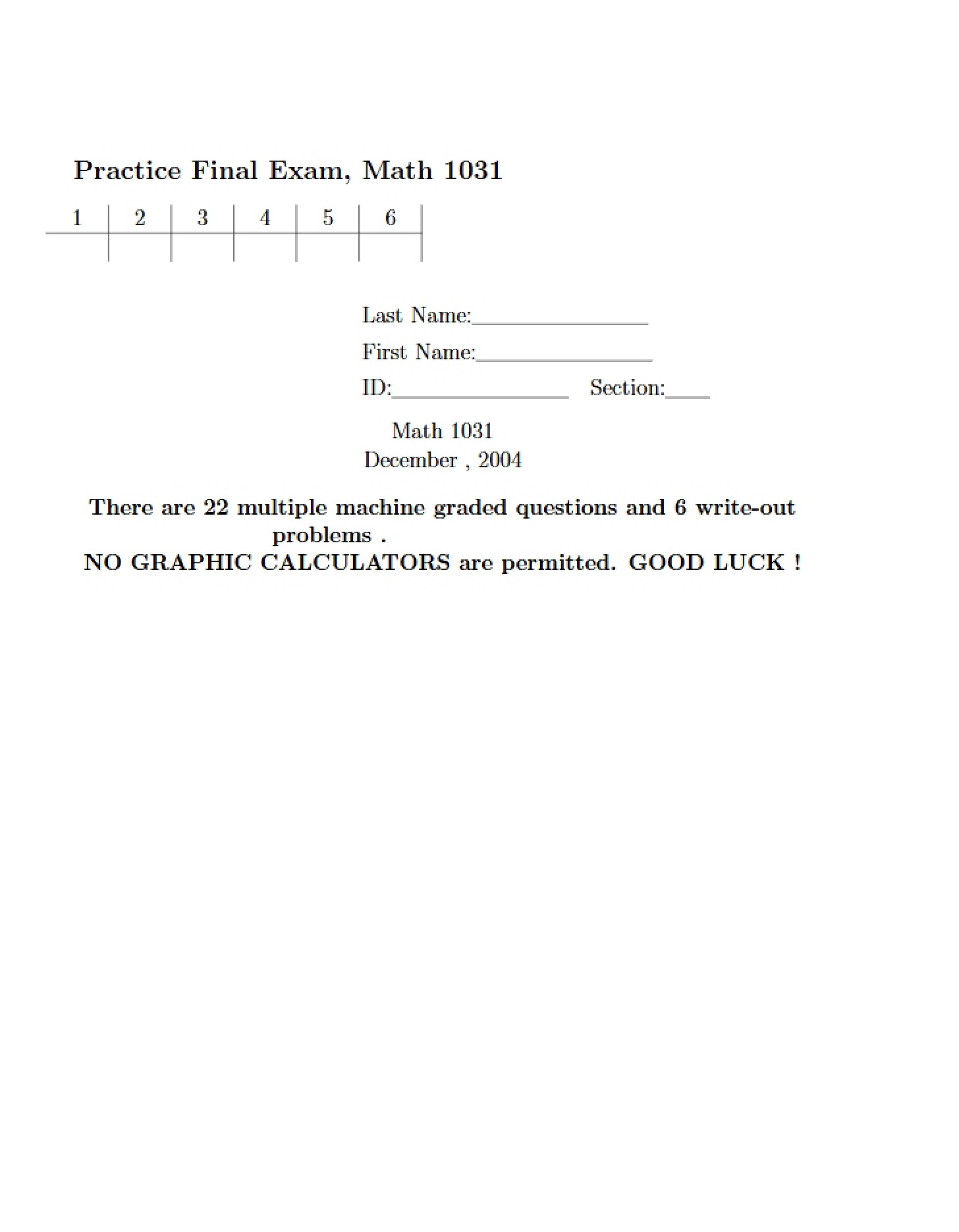 Math 1031 Final Exam Simulation