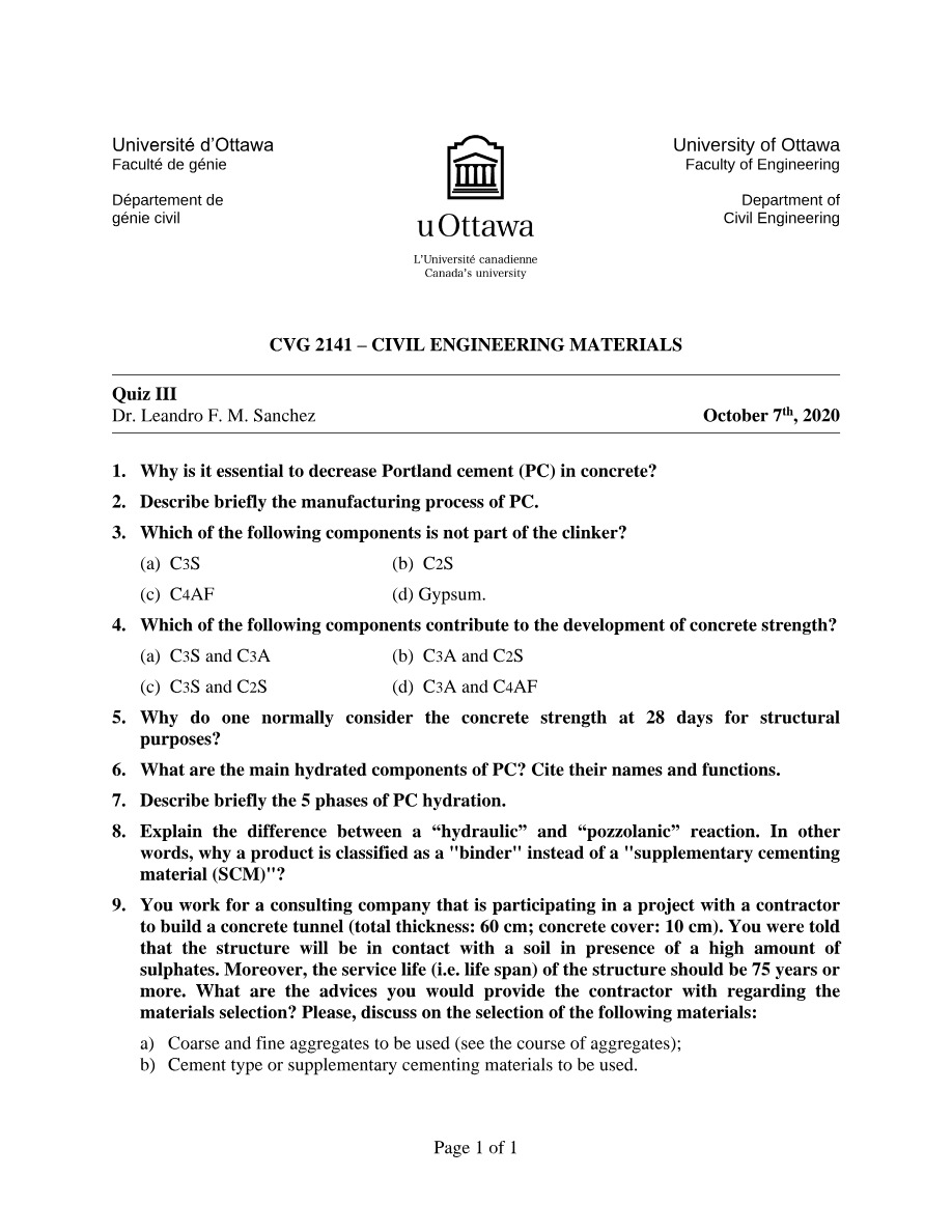 Quiz III - Civil Engineering Materials