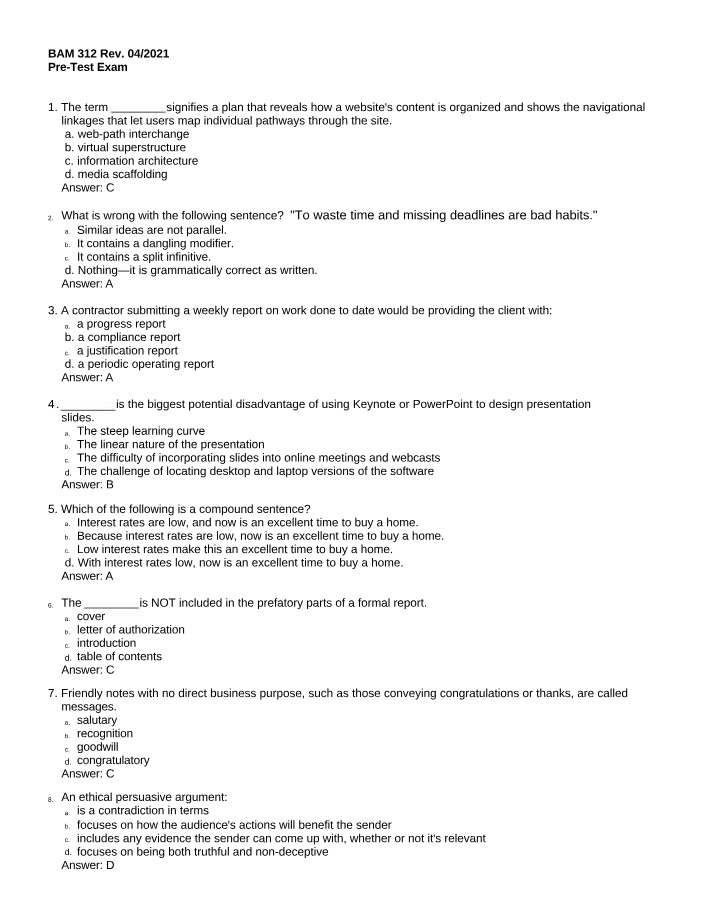 Pre-Test Exam for BAM 312