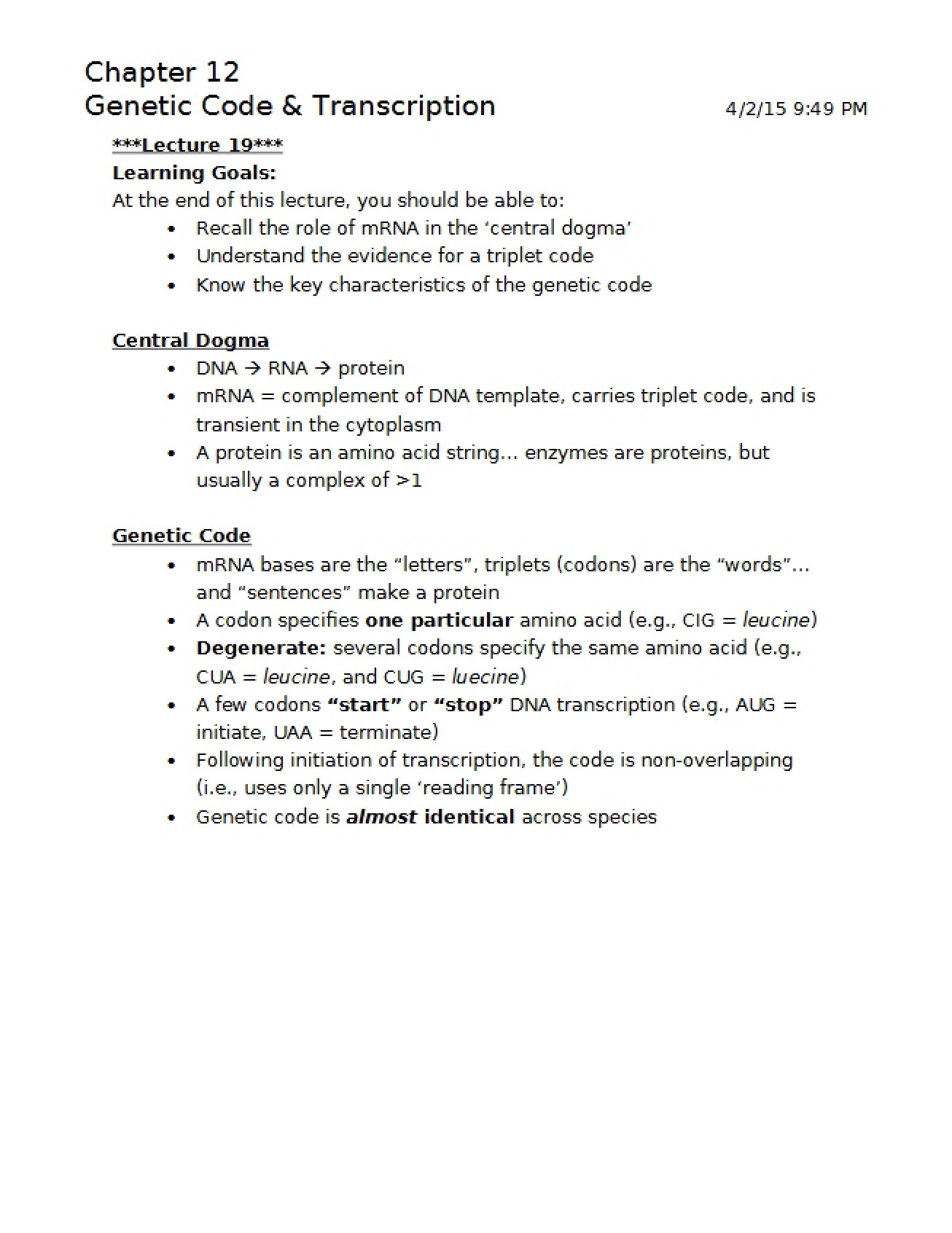 Genetic Code and Transcription Chapter Twelve