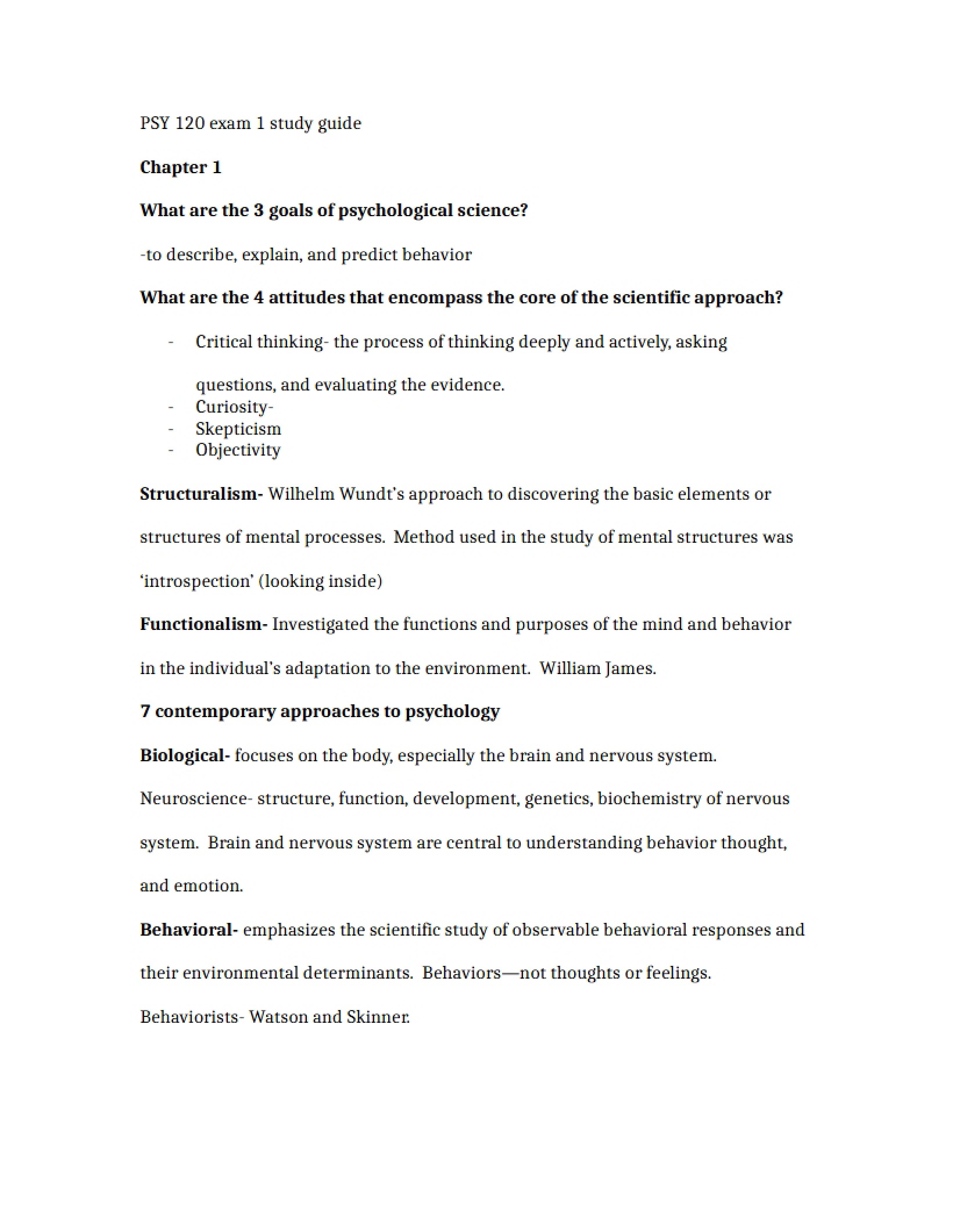 Study Guide for Psychology Exam 1