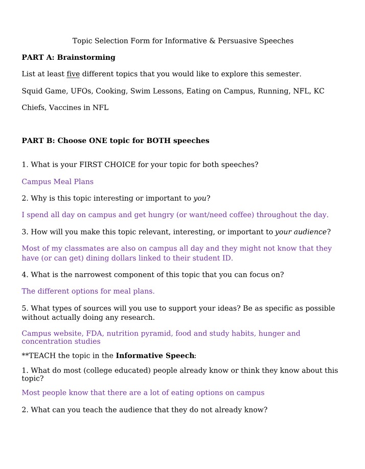 Topic Selection Form - Persuasive and Informative Speeches