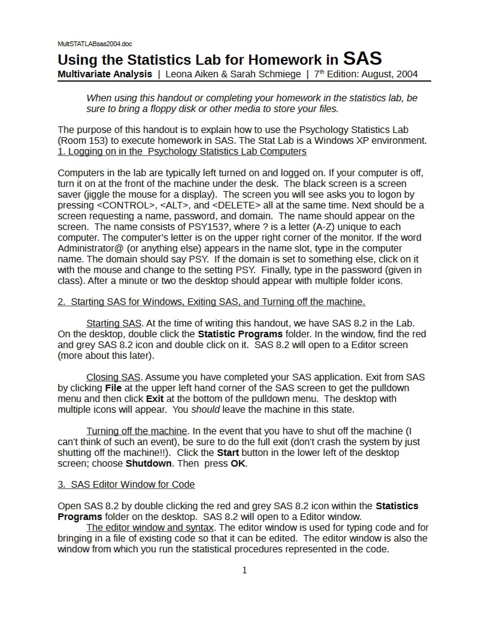 Multivariate Stats Lab SAS 2004