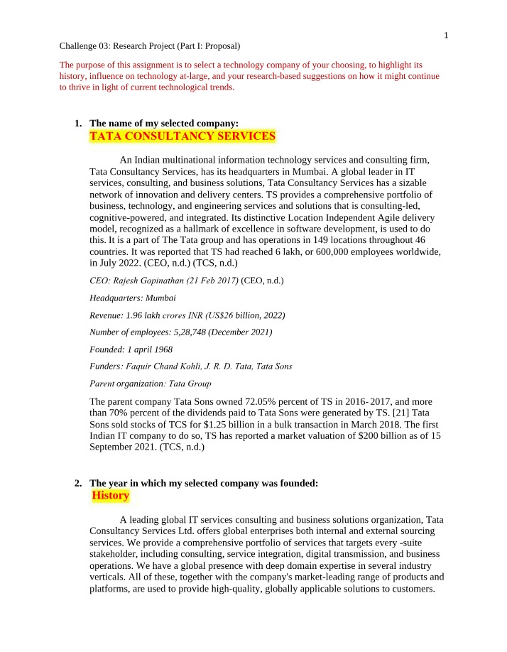 Tata Consultancy Services - Research Project Proposal