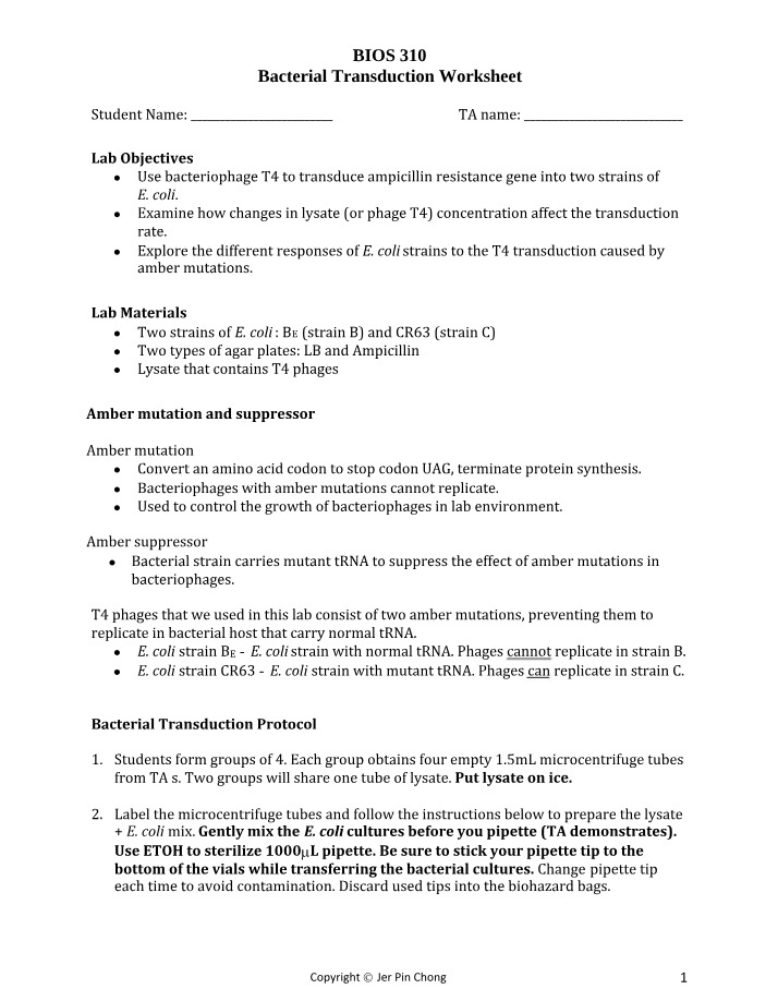 Worksheet on Transduction